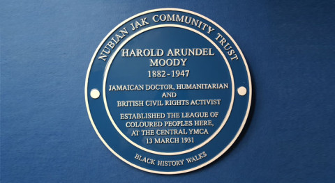 Dr Harold Moody commemorative blue plaque outside Central YMCA Club